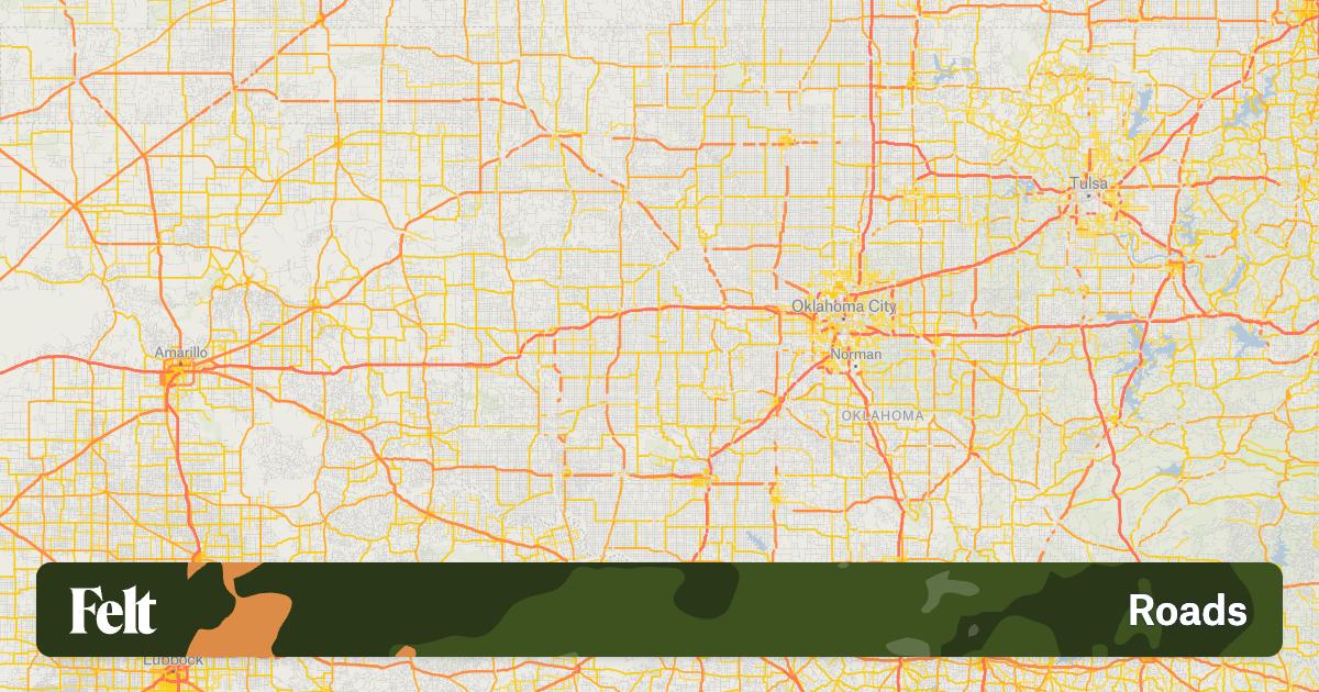 Map highlighting roads in Oklahoma