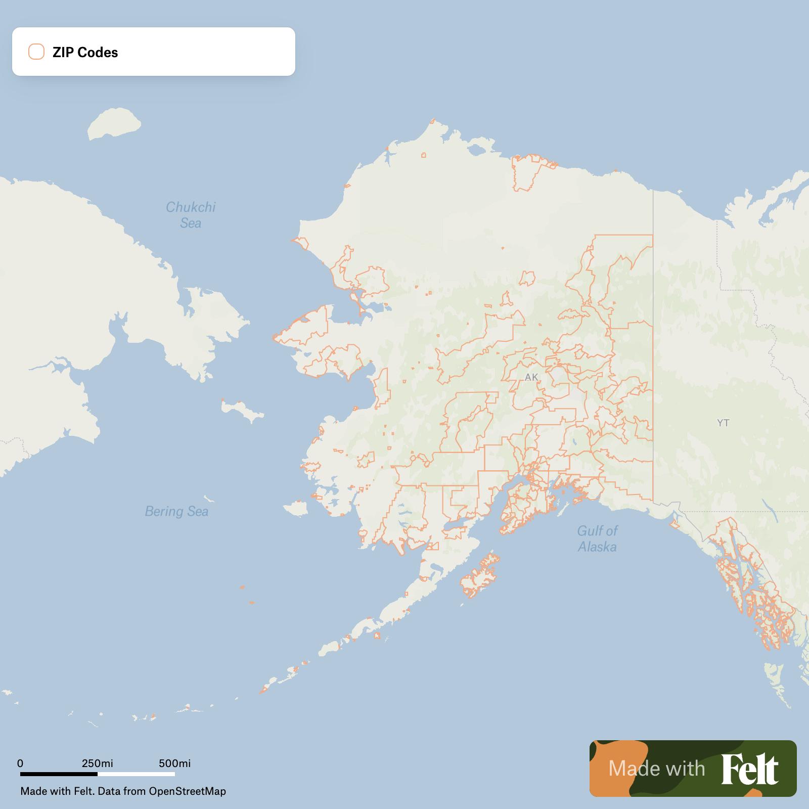 A map of ZIP Codes in Alaska