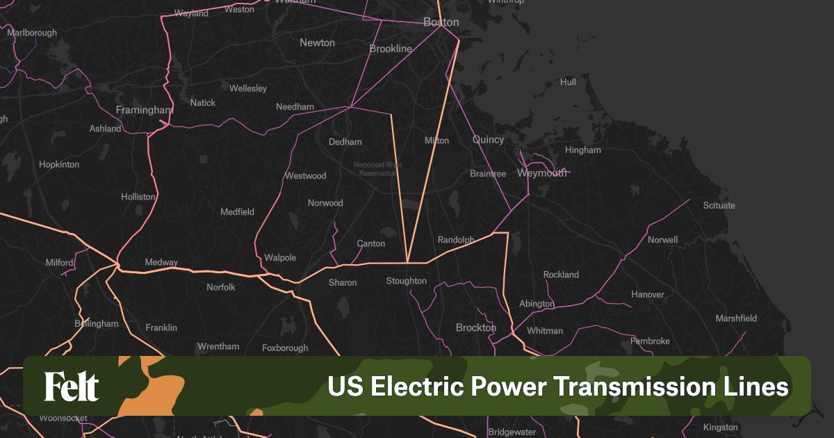 Powerline Map US Electric Power Transmission Lines in Norfolk County, Massachusetts